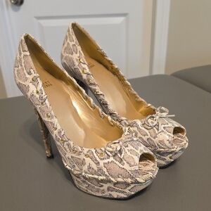 Stuart Weitzman Beige Snakeskin Peep-Toe Platform Heels